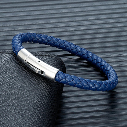 MKENDN Red Braided Leather Bracelet - 6mm Stainless Steel Button Unisex Couple Jewelry Gift Classic Simple Design
