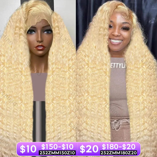 Brazilian Deep Wave 13x6 HD Lace Frontal Human Hair Wig – 30–40 Inch Curly Honey Blonde 613, Affordable Women’s Wig Clearance Sale