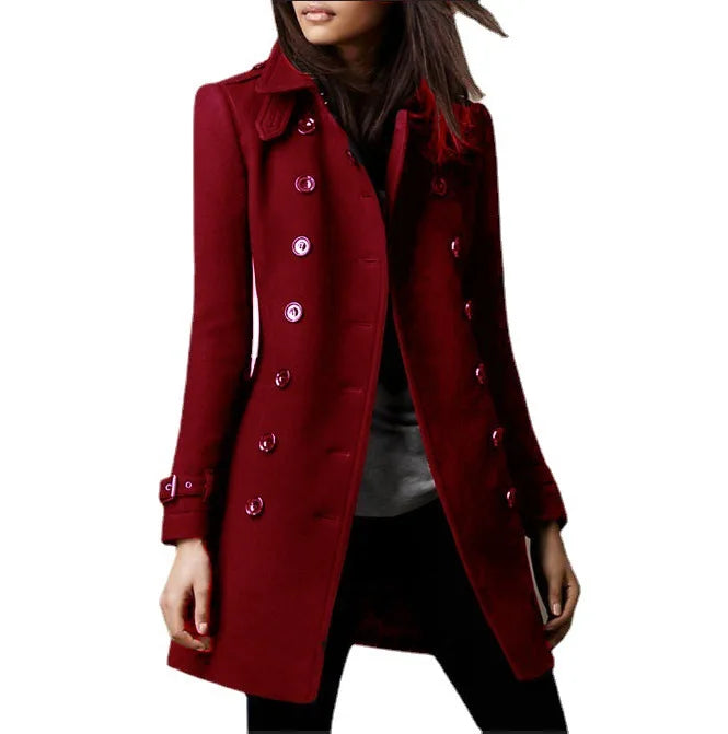 Winter Ladies Woolen Jacket – Double-Breasted Flap Lapel, Slim Fit, Elegant Solid Top Coat, Lined Women’s Outerwear 2024