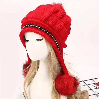 Cozy Knit Fleece Beanie with Ear Flaps & Pompom — Warm Winter Hat for Women, Ideal for Skiing & Outdoors