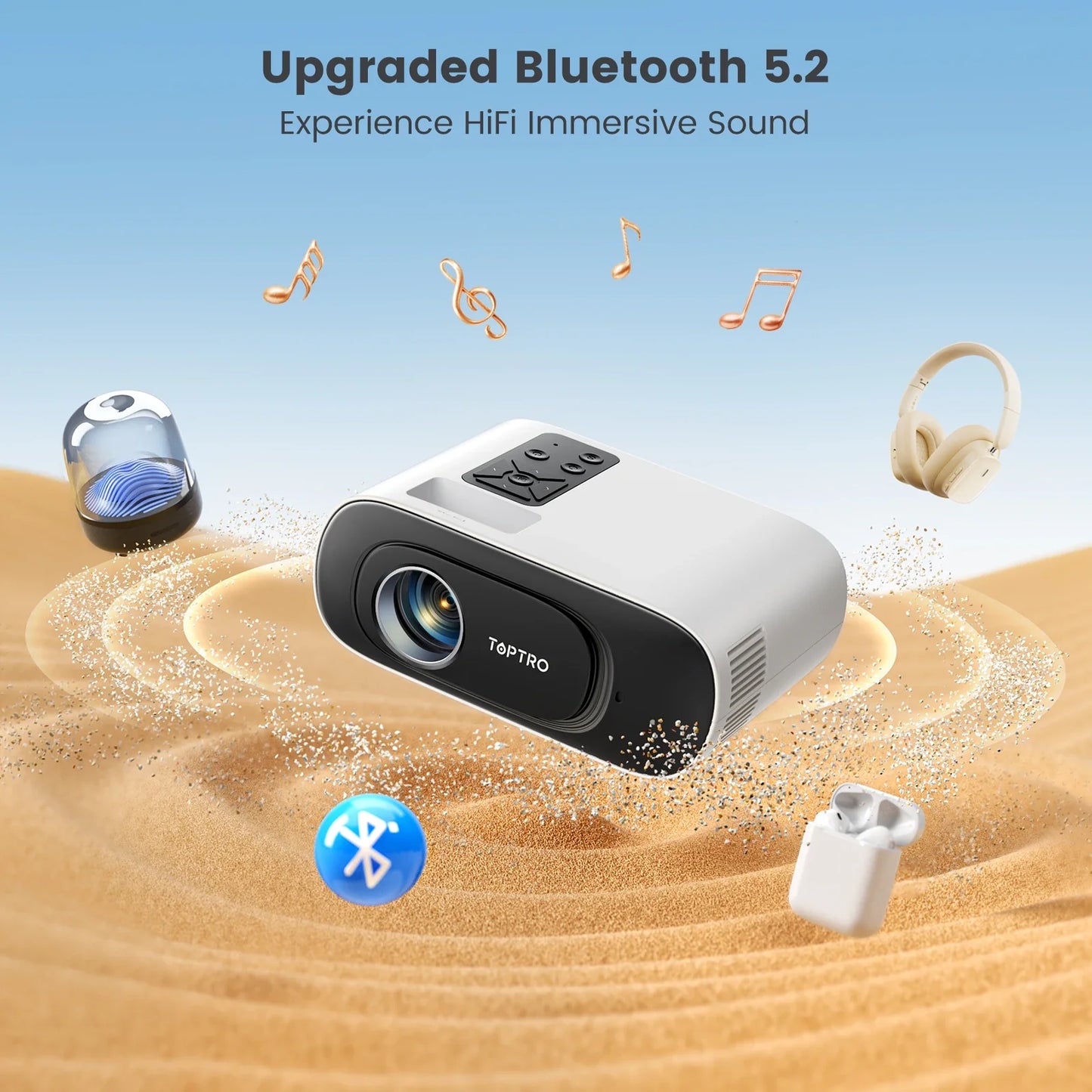 TOPTRO Mini Projector – Full HD 1080P Support, 16000 Lumens, Auto Keystone, WiFi & Bluetooth Portable Home Theater Projector