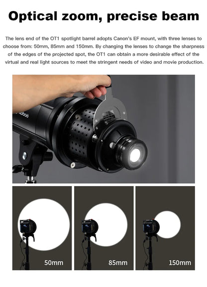 SOONPHO OT1 Bowens Mount Snoot with 50mm/85mm/150mm Lenses – Professional Photography Accessories for Godox Flash Light