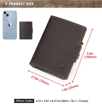 HUMERPAUL Men’s Pop-Up Card Holder – Crazy Horse Leather RFID Blocking Slim Wallet with Money Pocket & Metal Bank Card Case