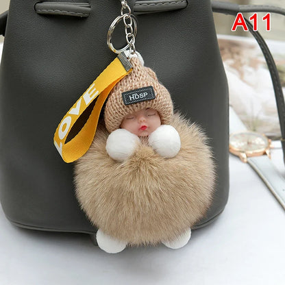 Pompom Sleeping Baby Keychain - Fluffy Plush Doll Keyring for Bags, Cars & Gift Decoration