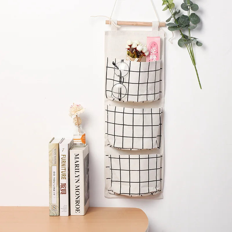 Three-Pocket Hanging Wall Storage Bag – Cotton Linen Organizer for Bedroom, Living Room & Kitchen