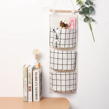 Three-Pocket Hanging Wall Storage Bag – Cotton Linen Organizer for Bedroom, Living Room & Kitchen