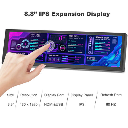 8.8 Inch HDMI Touch Screen Monitor – Long Wide Display with Case, PC Temperature Sensor Panel & Small Extender Monitor