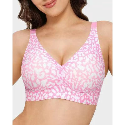 Women’s Pink Leopard Print Bra – Seamless Wire-Free Full Cup Underwear, Soft Support, Breathable Deep V Design