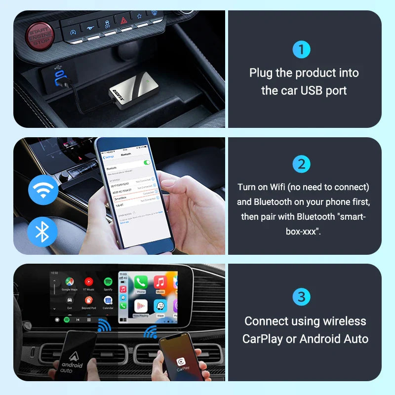 Wired to Wireless 2 in 1 Carplay and Android Auto Adapter - Glass Rearview Mirror Mini AI Box, USB/C Plug & Play for OEM Cars