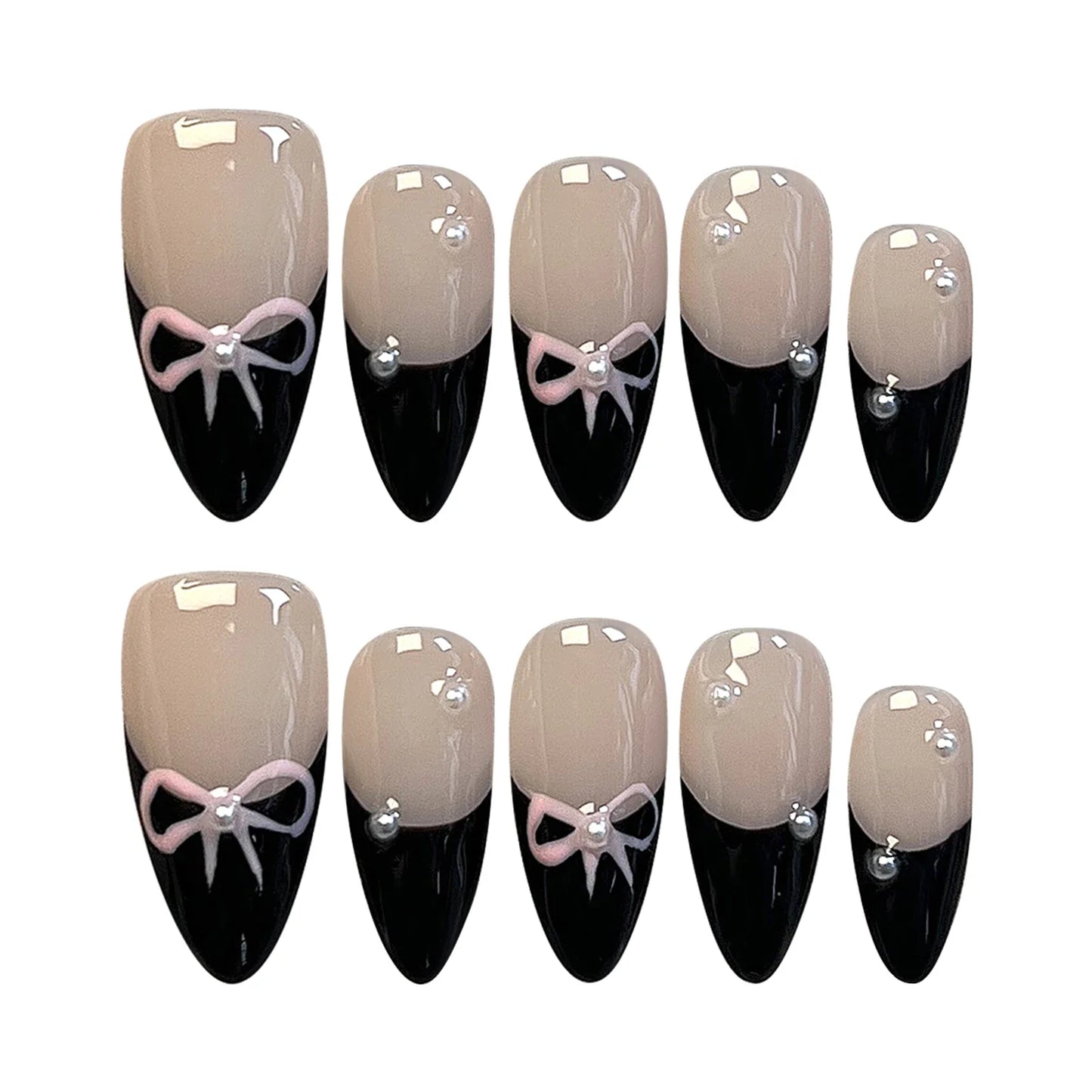 10 Pcs Black French Press-On Nails – Handmade Bowknot Design, Glossy Short Almond Fake Nails for Salon Art