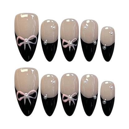 10 Pcs Black French Press-On Nails – Handmade Bowknot Design, Glossy Short Almond Fake Nails for Salon Art