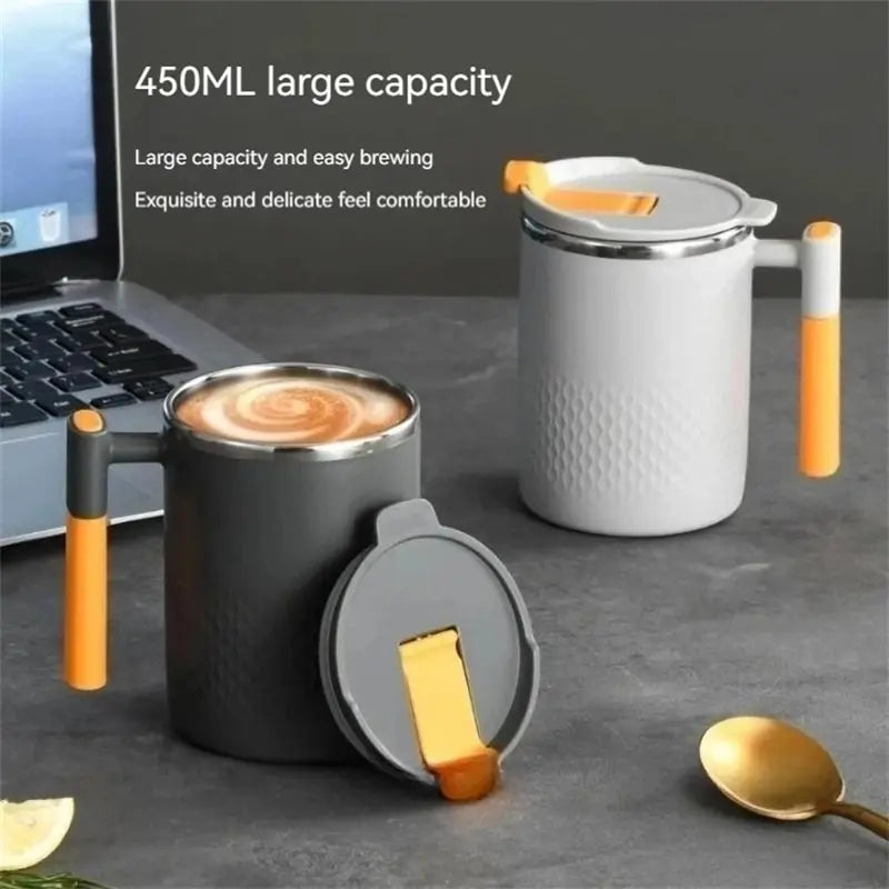 Portable Double-Layer Coffee Mug – 304 Stainless Steel with Handle and Cover | Leak-Proof Thermos Cup