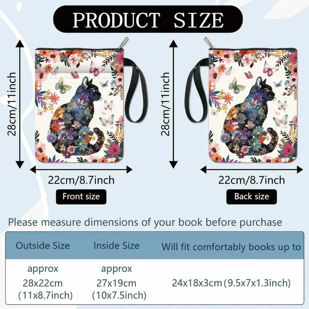Floral Cat Book Sleeve with Zipper – Washable Book Cover Bag for Paperbacks, Notebooks & Journals