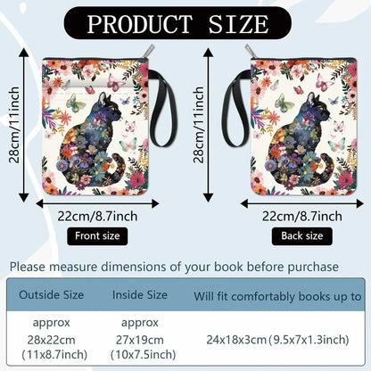 Floral Cat Book Sleeve with Zipper – Washable Book Cover Bag for Paperbacks, Notebooks & Journals