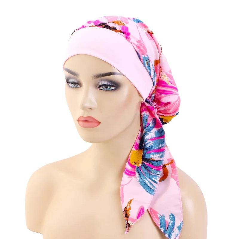 Women’s Pre-Tied Turban Cap – Muslim Hijab & Chemo Hair Loss Head Scarf with Flower Print Stretch Bandana
