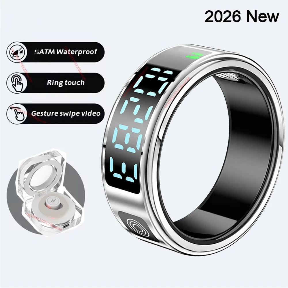 2026 R12 Smart Ring with Display Screen & Touch Control – Wireless Charging Health Tracker, 5ATM Waterproof Fitness Smart Ring for Men & Women