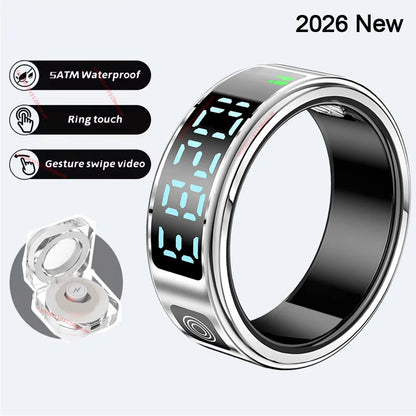 2026 R12 Smart Ring with Display Screen & Touch Control – Wireless Charging Health Tracker, 5ATM Waterproof Fitness Smart Ring for Men & Women