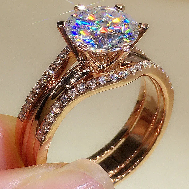 Huitan Rose Gold Cubic Zirconia Ring - Classic 6 Claw Solitaire Engagement Wedding Band Jewelry for Women