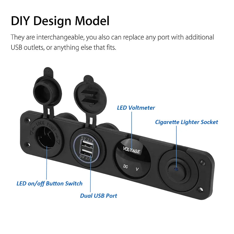 4-in-1 Marine Switch Panel | 12V Dual USB Charger, Power Outlet, LED Voltmeter & Cigarette Lighter Socket