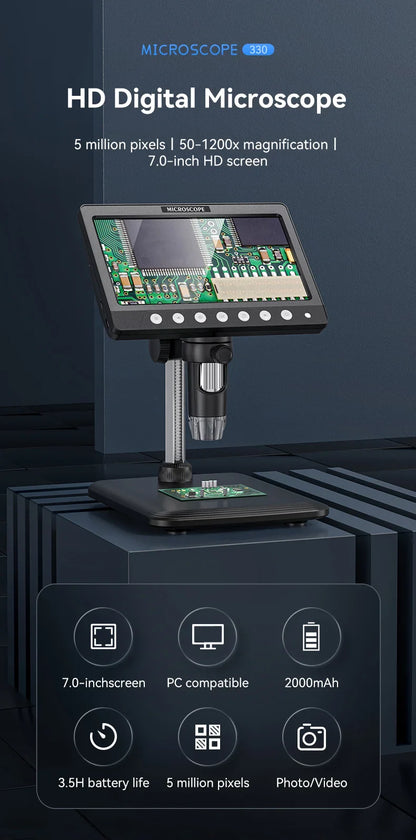 7-Inch IPS Digital Coin Microscope 5MP 1200X – 1080P Ultra-Precise Focusing Camera with 8 LED Lights for Coins & Circuits