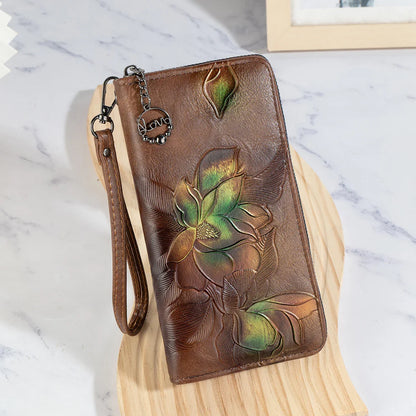 Retro Long Embossed Zipper Wallet — Multi-Card Clutch & Phone Bag with Coin Pocket
