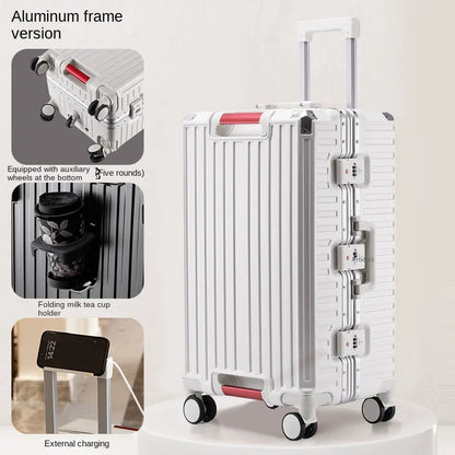 30-Inch Five-Wheel Aluminum Frame Suitcase — Multifunctional Cabin Luggage with Password Lock, USB Port & Cup Holder
