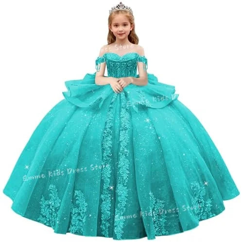 Lace Flower Girl Dress - 3D Floral Appliqué, Beading & Long Bow Ball Gown