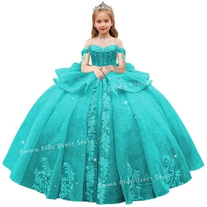 Lace Flower Girl Dress - 3D Floral Appliqué, Beading & Long Bow Ball Gown