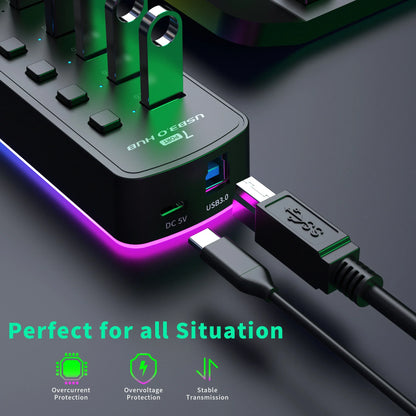 RGB 7-Port USB 3.0 Hub – 5Gbps Data Splitter with Individual On/Off Switch for Laptop & PC Gaming