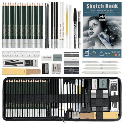 Drawing & Sketching Kit 20/54/58/70/144PCS – Portable Travel Case with Graphite, Charcoal, White Color Pencils & Blending Stump