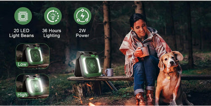 20000mAh Portable Electric Fan with LED Light — USB, Solar & Car Charging for Camping