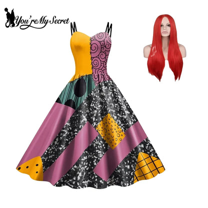 Sally Halloween Cosplay Dress Set - Long Sleeve Party Costume with Wig & Socks