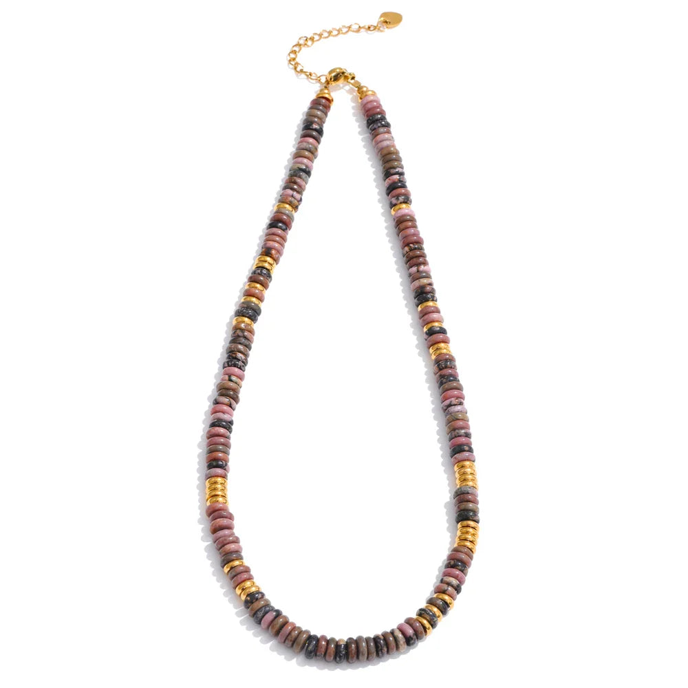 Yhpup Colorful Natural Stone Bead Necklace – Handmade Y2K Stainless Steel Waterproof Chain Jewelry for Women