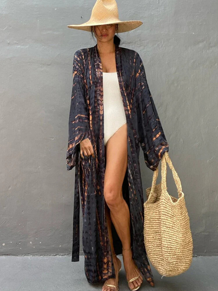 Tie-Dye Bikini Cover Up Kimono – Bohemian Beach Swimsuit Cape Pareo Dress with Belted Wrap Style Summer Swimwear Cover-Up