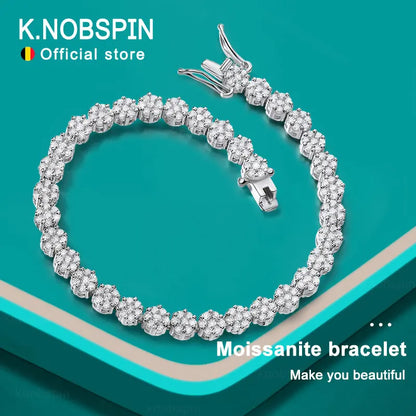 KNOBSPIN D VVS1 Moissanite Tennis Bracelet – Full Diamond, GRA Certified, 925 Sterling Silver White Gold Flower Bracelet for Men & Women