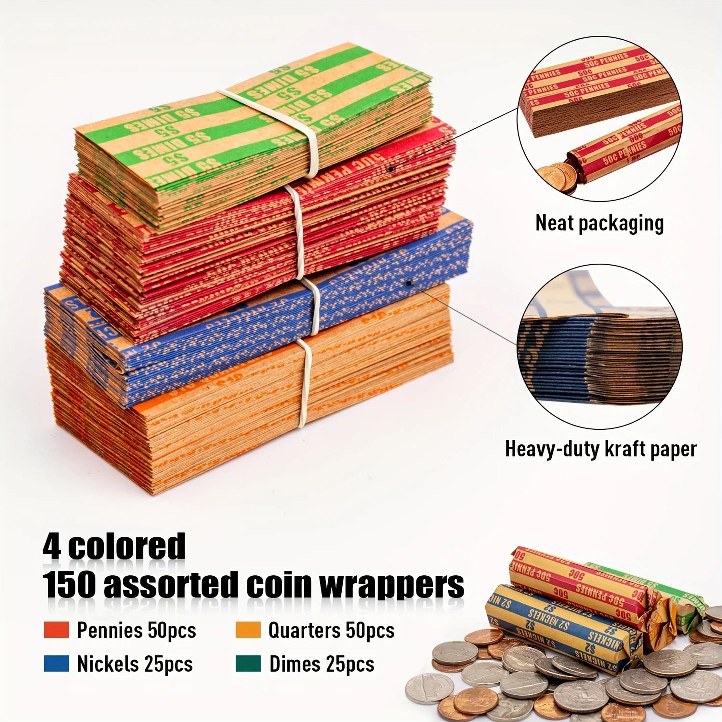150pcs Assorted Coin Wrappers – ABA Standard Flat Striped for Quarters, Dollars, Dimes, Nickels & Pennies