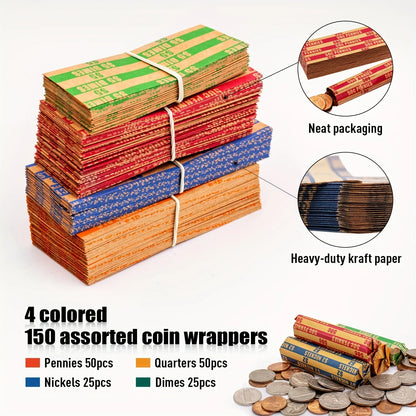 150pcs Assorted Coin Wrappers – ABA Standard Flat Striped for Quarters, Dollars, Dimes, Nickels & Pennies