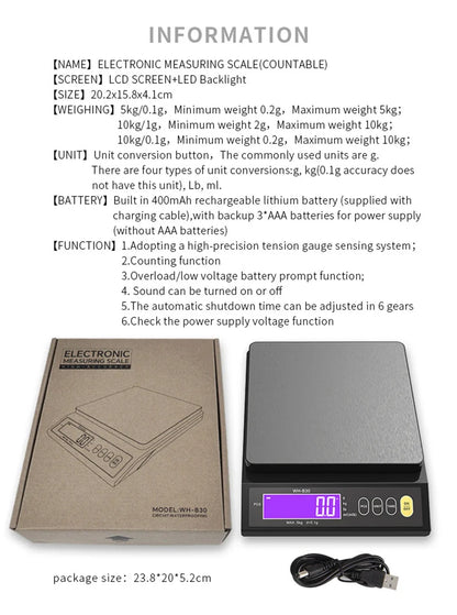 5kg/0.1g and 10kg/1g Digital Electronic Kitchen Scale, LCD Display, Fully Waterproof Stainless Steel Weighing Tool for Baking