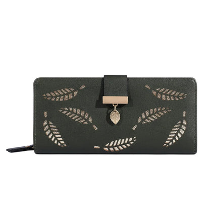 Women’s Long PU Leather Wallet – Gold Hollow Leaf Design Clutch Purse with Coin Pocket & Card Holders