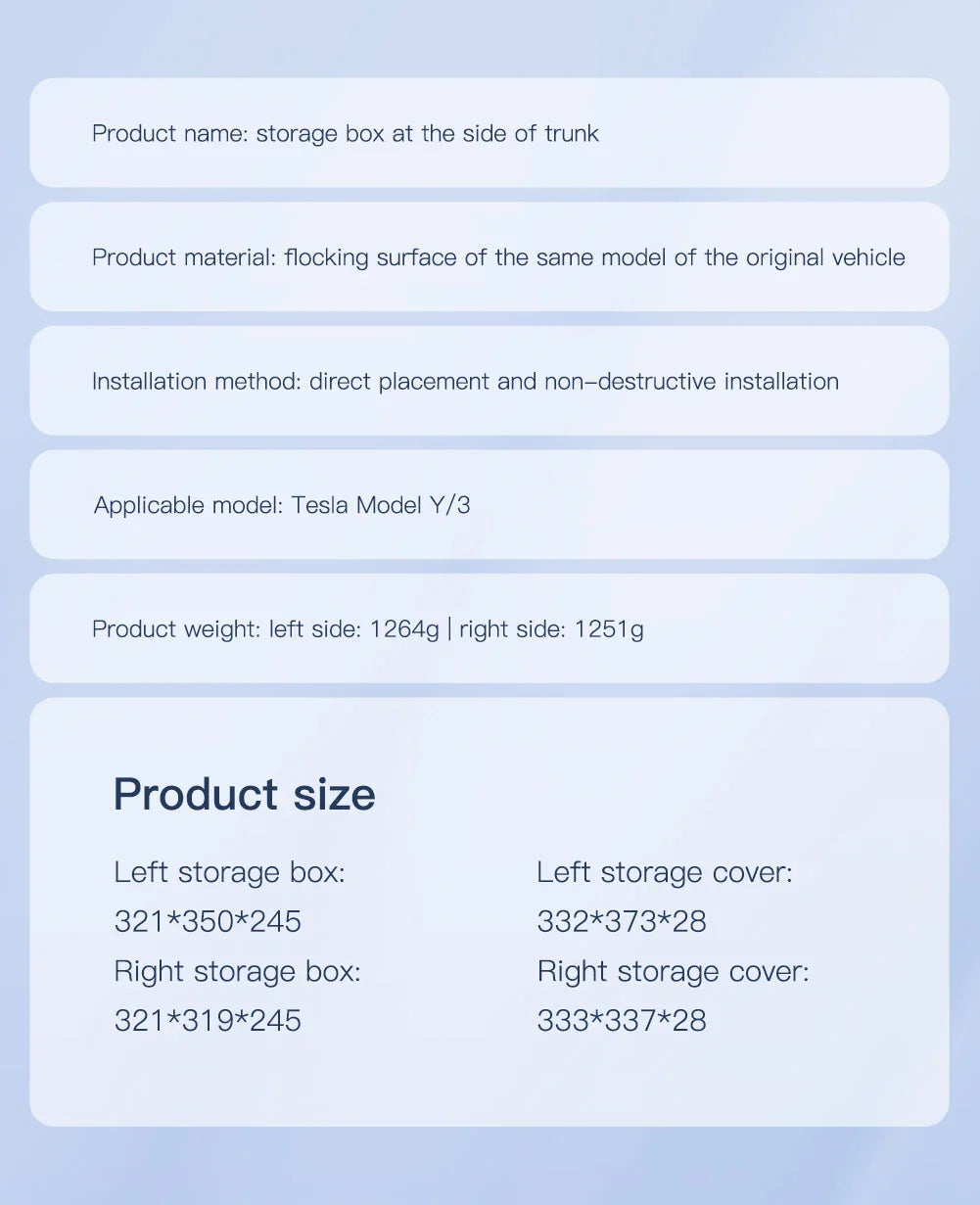 YZ Car Trunk Side Storage Box – Left & Right Organizer for Tesla Model Y Juniper 2021-2025 with Flocking Mat Cover