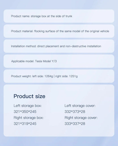 YZ Car Trunk Side Storage Box – Left & Right Organizer for Tesla Model Y Juniper 2021-2025 with Flocking Mat Cover