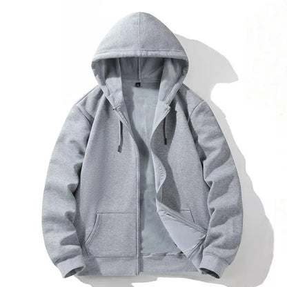 Zipper Hooded Sweatshirt – Autumn Winter Fleece-Lined Cotton Cardigan for Men & Women, Solid Color Y2K Style