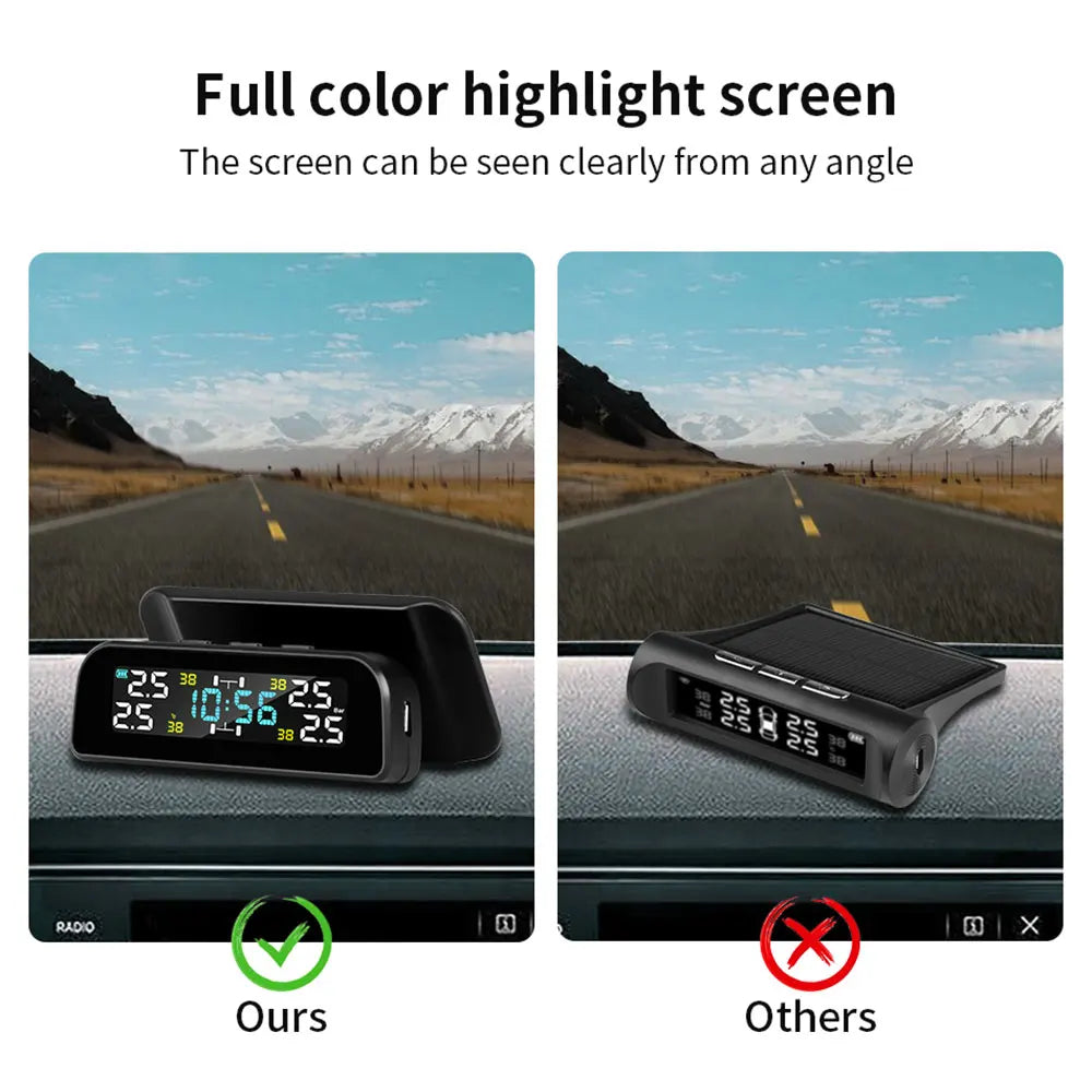 Solar TPMS Tire Pressure Monitoring System – 4-Wheel External Sensors with Temperature Alarm for Car Tyre Safety