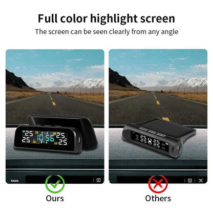 Solar TPMS Tire Pressure Monitoring System – 4-Wheel External Sensors with Temperature Alarm for Car Tyre Safety