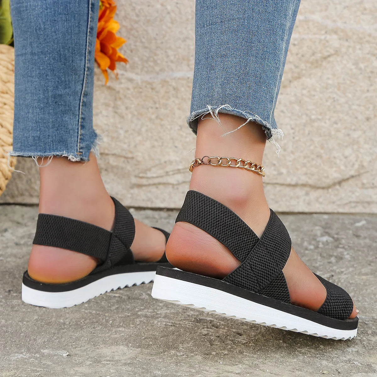 Women's Fashion Trend Flat Sandals | Anti-Slip & Comfortable | Pure Black with Matching Color Sole