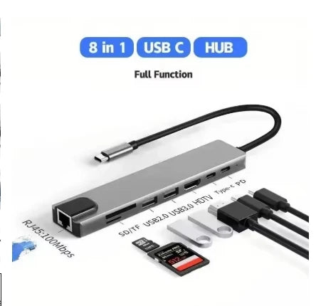 8-in-1 USB Type-C Hub Adapter – 4K HDMI, SD/TF Card Reader, RJ45, PD Fast Charging for MacBook & Notebook