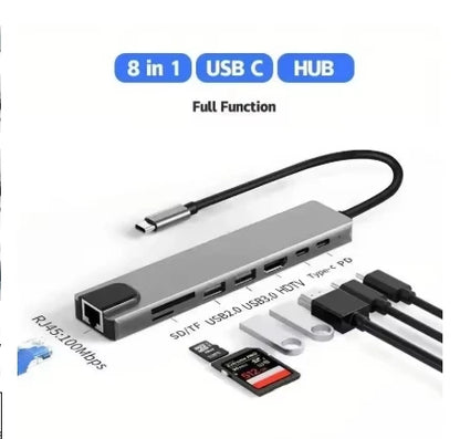 8-in-1 USB Type-C Hub Adapter – 4K HDMI, SD/TF Card Reader, RJ45, PD Fast Charging for MacBook & Notebook
