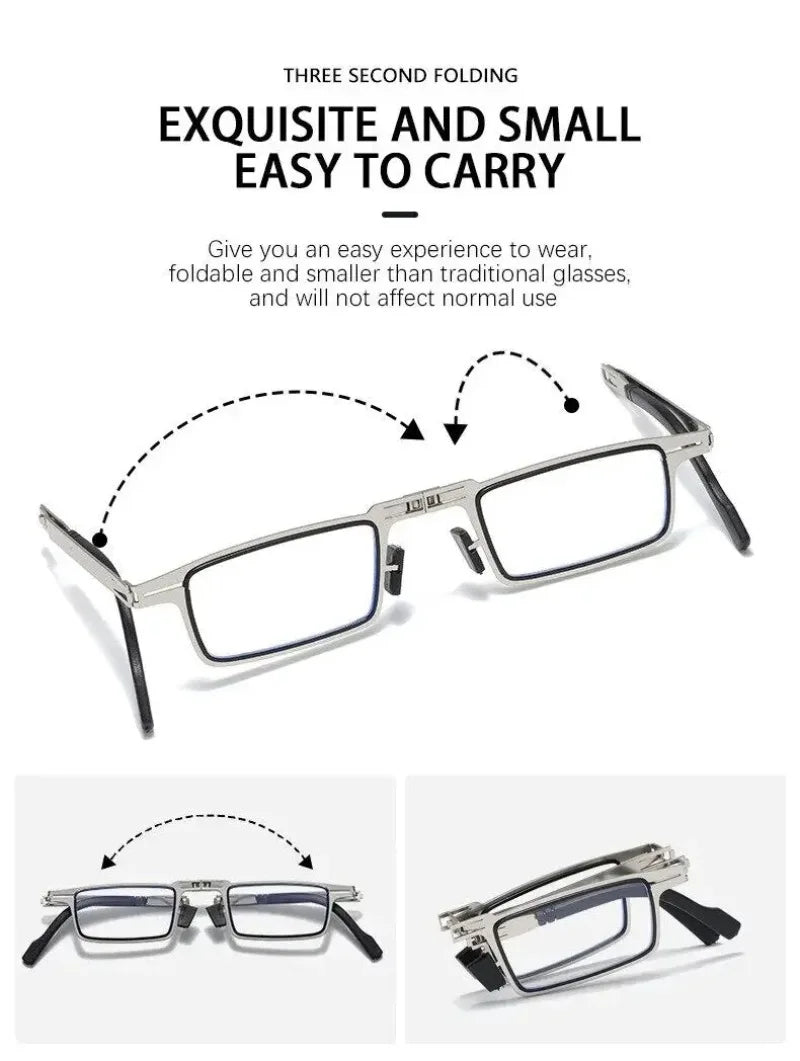 Unisex Folding Reading Glasses – Full Metal Frame, Transparent Lenses, Anti-Blue Light with Case