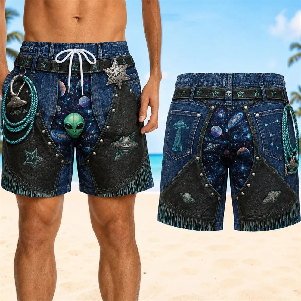 Retro 3D Cowboy Beach Shorts - Men's Quick-Dry Breathable Drawstring Board Shorts
