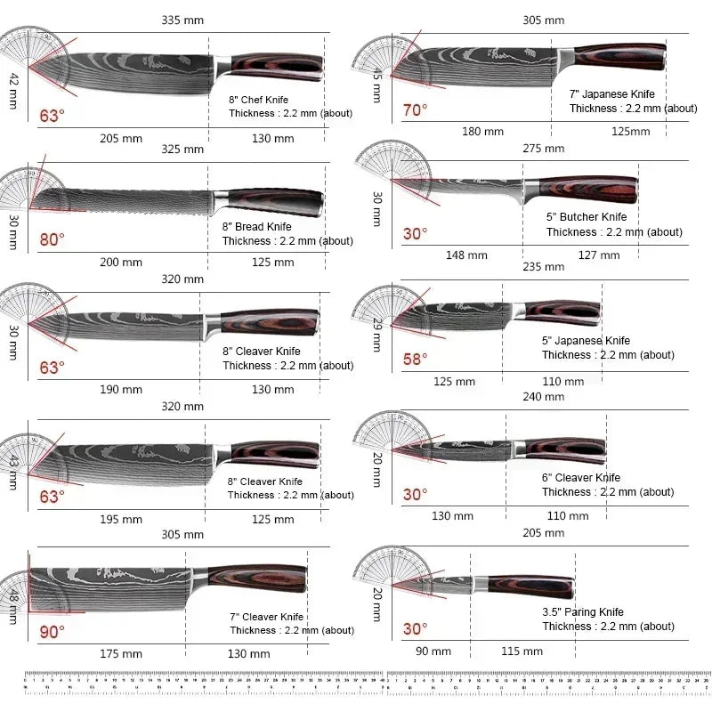 Japanese Santoku Kitchen Knives - Stainless Steel Cleaver, Slicing Knife, Boning Knife, Butcher Cleaver, Laser Damascus Knife